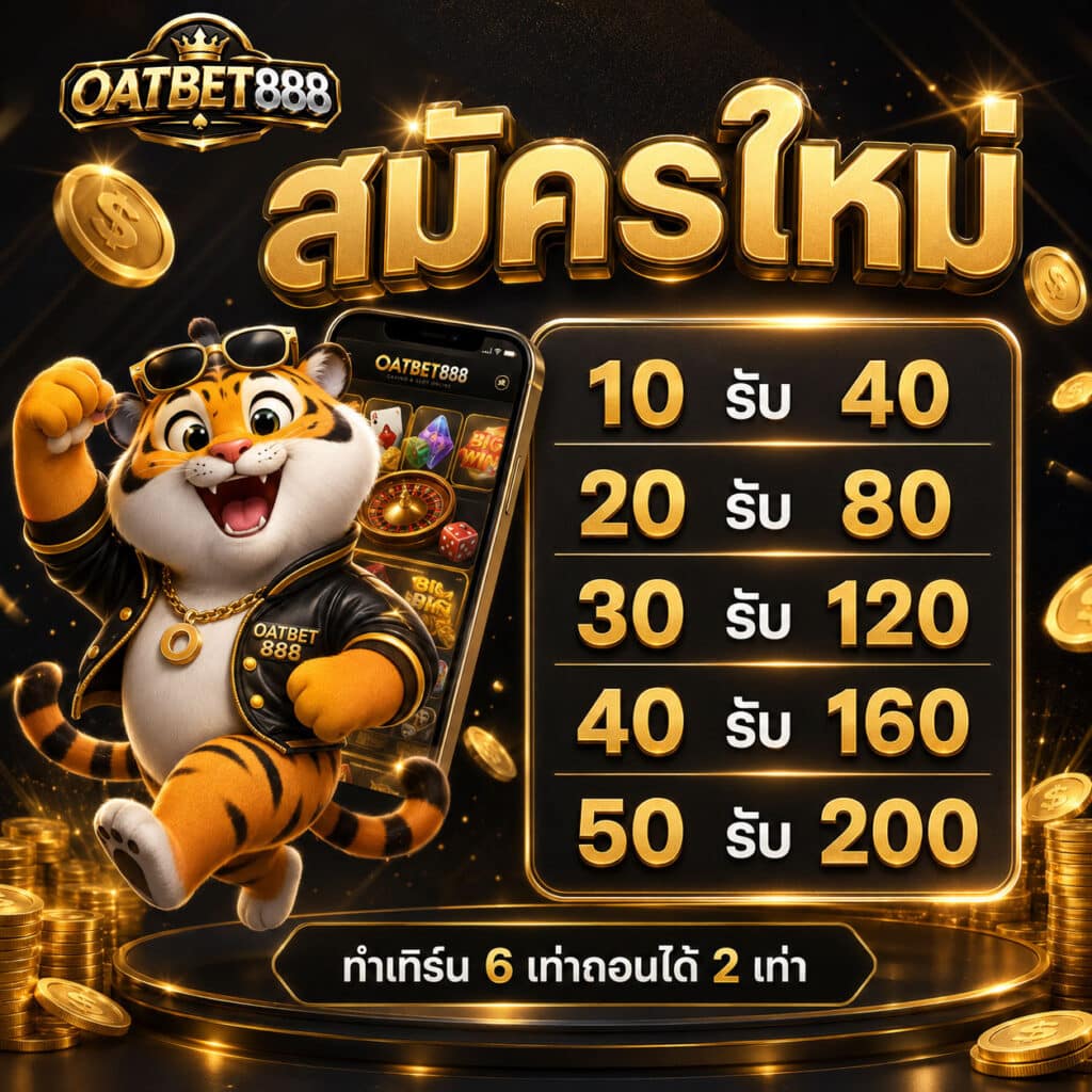 สมัครใหม่ 10 รับ 40 20 รับ 80 30 รับ 120 40 รับ 160 50 รับ 200 ทำเทิร์น 6 เท่าถอนได้ 2 เท่า